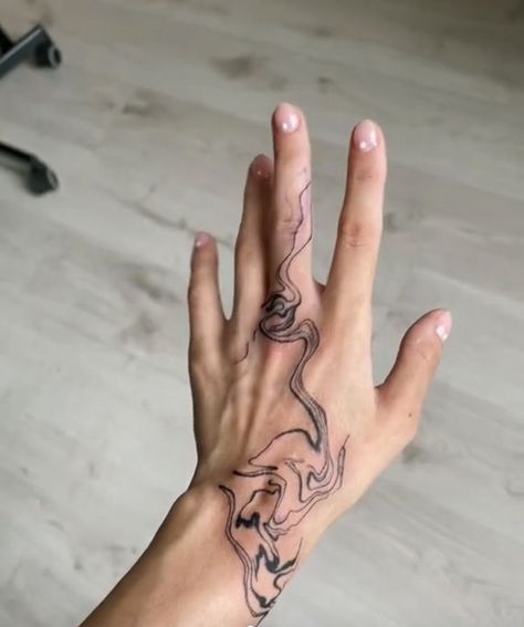 Abstract Hand Tattoos For Women, Abstract Ink Spill Tattoo, Wavy Hand Tattoo, Swirly Hand Tattoo, Abstract Hand Tattoo, Wavy Tattoo Design, Fluid Tattoo, Swirl Tattoo, Small Hand Tattoos