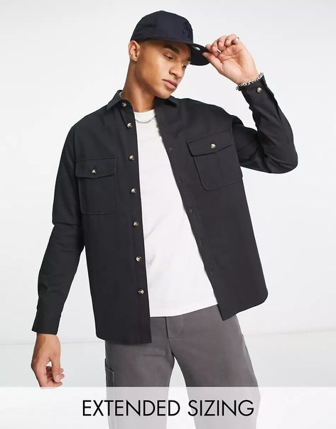 ASOS DESIGN cotton shacket in black | ASOS Mens Shacket, Black Shacket, Cargo Shorts Men, Shorts Men, Clothing Styles, Summer Accessories, Shirts For Men, Vans Old Skool, Mens Clothing