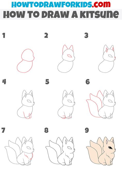 How To Draw Mythical Creatures Easy, Fantasy Animals Drawing Easy, How To Draw Anime Animals, How To Draw A Fox Step By Step, Cute Fox Drawing Easy, Fox Drawing Tutorial, Fox Drawing Sketches, Fox Outline, Fox Drawing Easy