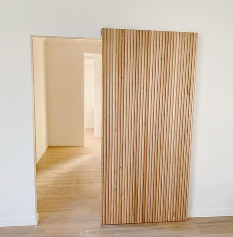 Floating Sliding Door, Floating Sliding Barn Door, Barn Door Living Room, Invisible Sliding Door, Invisible Closet Door, Internal Timber Doors, Japandi Sliding Door, Wood Slat Barn Door, White Oak Barn Door