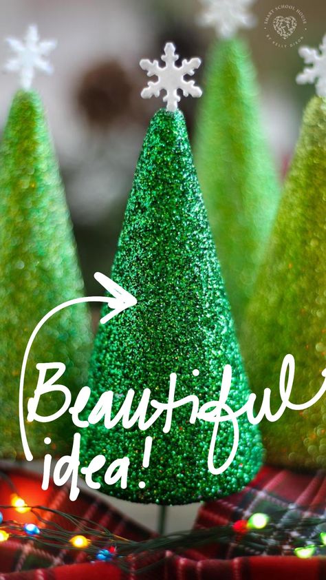 Decorate your home for Christmas with sparkly trees! Smart School House created these gorgeous styrofoam Christmas trees that will sparkle beautifully in your home! They're simple and fun to make, and they look absolutely stunning. Try them on your mantle or in a holiday tablescape for DIY decor that looks so good! Kids, teens, and adults will all love crafting these gorgeous Christmas trees, so get cozy and get crafting! #hoilday #Christmas #Christmastree #tablescape #DIYdecor #glitter #crafts Styrofoam Christmas Trees, Jello Candy, Marshmallow Tree, Watermelon Hacks, Cowboy Cornbread, Decorating Hacks, Smart School House, School Breakfast, Smart School