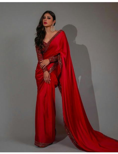 Saree dress with designer blouse /simple saree / Wedding dress style saree design Perfect Figure For Women, Moni Roy, Indian Wedding Sari, Women In Red, Wedding Outfits For Women, Simple Sarees, Saree Designs Party Wear, Desi Clothes, Satin Saree