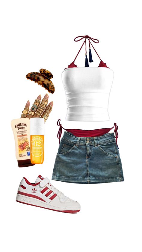 summer fit, skirt, outfit inspo, beach Fit Skirt Outfit, Outfit With Denim Skirt, Outfits With Denim Skirt, Outfit Inspo Beach, Tube Top Outfits, Cute Summer Outfit, Fit Skirt, Fitness Wear Outfits, Downtown Outfits