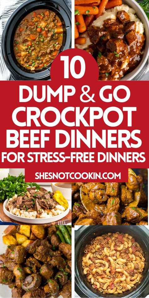 Photo collage of crockpot beef dinners with text overlay. Crock Pot Complete Meals, Slow Cooker Dump, Dump In Crock Pot Meals, Crock Pot Dinner Meals, Main Dishes For Dinner Crockpot, Healthy Beef Crockpot Meals, Dump Meal Recipes, Crockpot Sunday Lunch, Dump And Go Slow Cooker Recipes