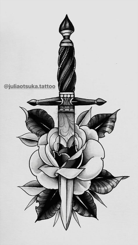 Dagger And Rose Tattoo, Old School Rose, Drawing Rose, Rose And Dagger, Knife Tattoo, Kunst Tattoos, Tattoo Old School, Realistic Rose, Butterfly Tattoos