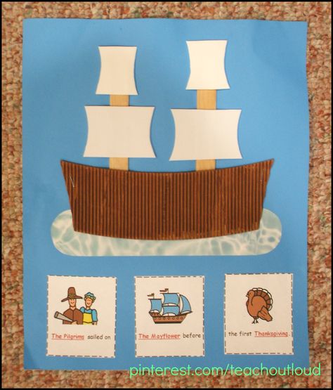 Boardmaker Mayflower; Water patterned scrapbook paper and coffee sleeve cardboard ship base. #thanksgiving #pilgrims #november #craft #crafts #preschool #elementary Mayflower Craft, Cardboard Ship, Transport Craft, Ship Base, Life Skills Classroom, Thanksgiving Pilgrims, Thanksgiving 2024, Thanksgiving Preschool, Crafts Preschool