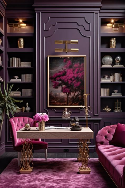 Purple Home Office, Plum Decor, Studio Room Ideas, Home Library Rooms, Minimalist Living Room Ideas, Regency Decor, Living Room Minimalist, Chicago Apartment, Room Minimalist