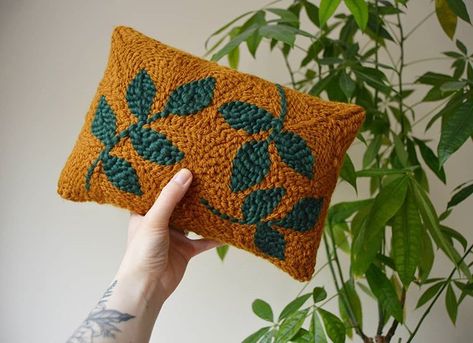 Punch Needle Cushion, Mustard Pillow, Punch Needle Pillow, Leaves Embroidery, Needle Cushion, Leaf Pillow, Miniature Embroidery, Punch Needle Patterns, Leaves Pillow