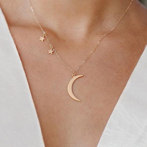 Star Necklaces, Night Necklace, Moon And Star Necklace, Crescent Moon Necklace Gold, Deer Jewelry, Star Necklace Gold, Bar Necklace Personalized, Crescent Moon Pendant, Crescent Moon Necklace