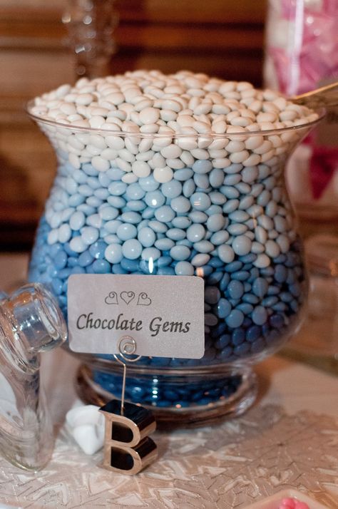 Pink & Blue Candy Buffet #wedding #candy #candywarehouse  M  Chocolate Gems  #Ambre Bridal Shower Themes Ideas, Wedding Ideas Blue, Winter Bridal Shower Themes, Blue Candy Buffet, Silver Winter Wedding, Bridal Shower Themes, Blue Sweet 16, Bridal Shower Inspo, Blue Quince