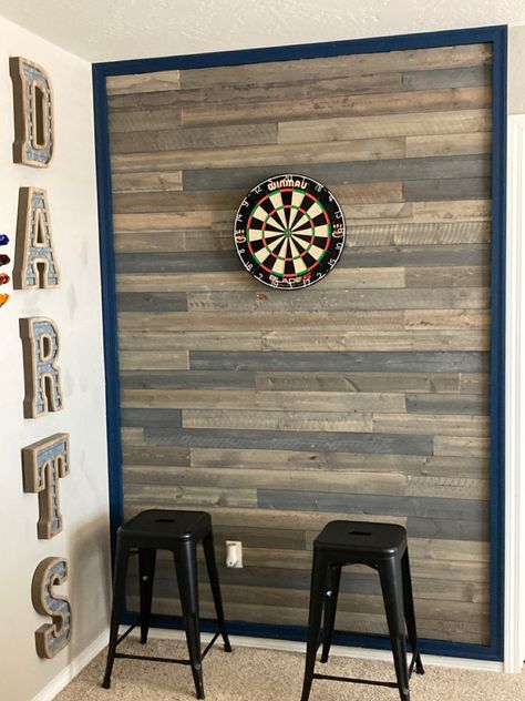 Farmhouse Game Room Ideas, Indoor Dart Board Wall, Dart Board Backboard Diy, Dart Board Wall Diy, Basement Dart Board Wall, Shiplap Dartboard Wall, Cork Wall For Dart Board, Home Dartboard Setup, Behind Dart Board Diy