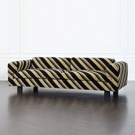 This luxurious low sofa features two down back cushions over two down seat cushions and ebonized ribbed oak legs. Available in a selection of curated fabrics and leathers. Pictured here is the Sereno Stripe Fabric. Home Furniture Ideas, Low Sofa, White Furniture Living Room, Furniture Ads, Boho Furniture, Luxury Chairs, Ikea Hackers, Luxury Home Furniture, Hans Wegner