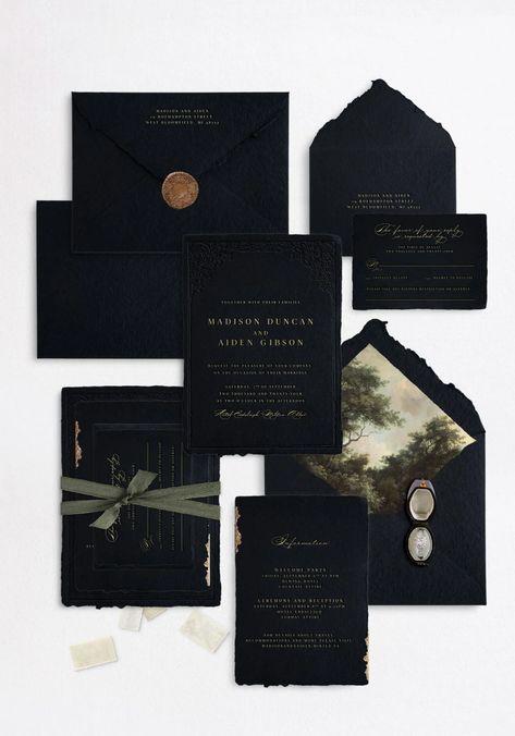 Semi-Custom Wedding Invitations | Papira Dark Elegant Wedding Invitations, Dark Green Invitation Wedding, Wedding Invitations Gothic, Wedding Invitations Aesthetic, Moody Branding, Wedding Invites Elegant, Dark Wedding Invitations, Moody Wedding Invitations, Black Tie Wedding Invitations