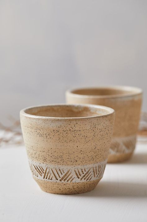 "Set of TWO Handmade Rustic Ceramic Coffee Cups, Naturally Crafted Pottery Tumblers Set, Speckled Ceramic Mug Set without Handle A Set of 2 tumblers, wheel-thrown textured, and decorated in carved design. They can serve tea, and coffee, the perfect size for latte cups, and make a perfect housewarming gift. These rustic look cups are made from speckled yellow stoneware. Each cup is glazed with white glaze on the interior and textured on the outside surface. The lip of the mug is glazed for your c Ceramic Mug Set, Yellow Cups, Beginner Pottery, Rustic Pottery, Ceramic Tumbler, Rustic Ceramics, Yellow Ceramics, Coffee Cup Set, Cups Set