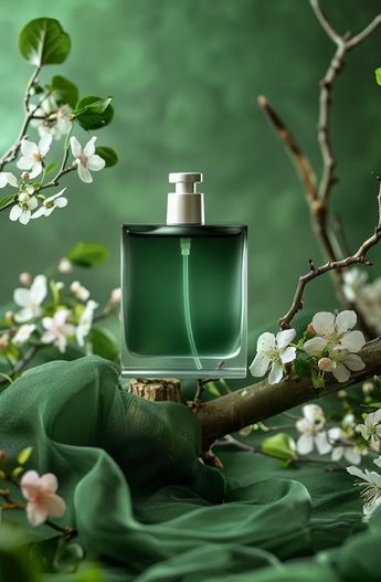 A green glass perfume bottle sits on a wooden podium in front of a dark green background. The bottle is surrounded by delicate white and pink flowers and green leaves ->> more details in ai-img-gen.com Perfume Bottle Photography, Perfume Background, Jewelery Shoot, Karate Picture, Green Perfume, Site Banner, Bottle Flowers, White And Pink Flowers, الفن الرقمي