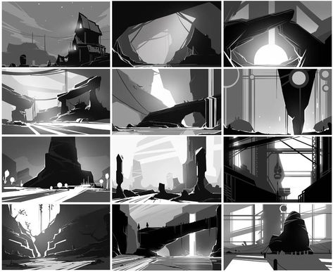 Beautiful Thumbnails Value Painting, Environment Sketch, Architecture Drawing Sketchbooks, Thumbnail Sketches, Bg Design, Concept Art Tutorial, Art Charcoal, Landscape Concept, Composition Design