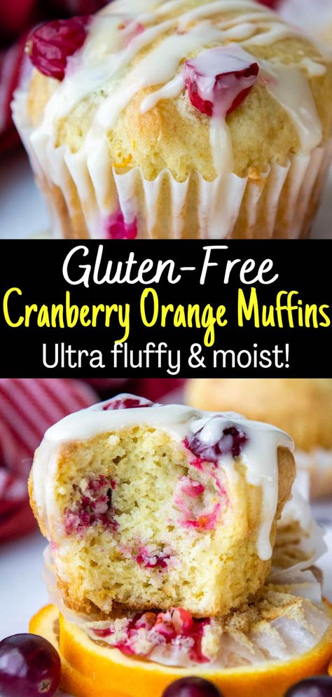 Discover an easy tip to make the best, moist, and extra fluffy gluten-free cranberry orange muffins recipe! They have an extra boost of zesty flavor from an orange glaze frosting and can be made with fresh, frozen, or even dried cranberries. Dairy-free modifications included. Gluten Free Cranberry Muffins, Gluten Free Cranberry Bread, Dried Cranberries Recipes, Cranberry Orange Muffin Recipe, Cranberry Recipes Muffins, Fresh Cranberry Recipes, Orange Muffin Recipe, Gluten Free Scones, Cranberry Orange Muffins