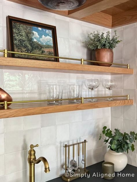 DIY PROJECTS Archives - Simply Aligned Home Shelves Interior Design, Brass Shelf Rail, Bar With Floating Shelves, Floating Bar Shelves, Kitchen Open Shelf, Wet Bar Ideas, Modern Home Decor Kitchen, Shelf Rail, Kitchen Open Shelves