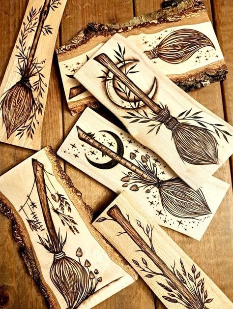 Long Wood Burning Art, Witchy Pyrography Ideas, Pagan Wood Burning, Wood Scorching Ideas, Owl Wood Burning, Christmas Woodburning, Wood Burn Bookmarks, Burnt Wood Projects, Witchy Wood Burning Ideas