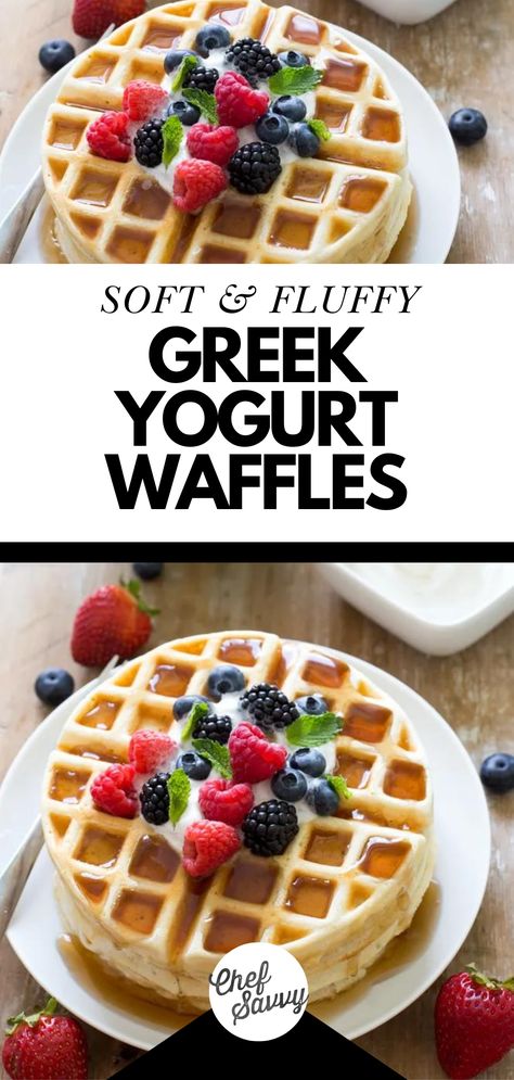 Save this Easy Healthy Greek Yogurt Waffle Recipe. Crispy on the outside and soft on the inside. They take less than 30 minutes to make and are the perfect way to start your day! This easy waffles recipe is perfect for brunch at the weekend. Make a big batch and freeze half for breakfasts throughout the week! Follow Chef Savvy for more under 30 minute easy meals! Yogurt Waffle Recipe, Greek Yogurt Waffles, Yogurt Waffles, Waffle Mix Recipes, Mini Waffle Recipe, Greek Yogurt Oatmeal, Waffle Recipe Healthy, Easy Waffle Recipe, Chef Savvy