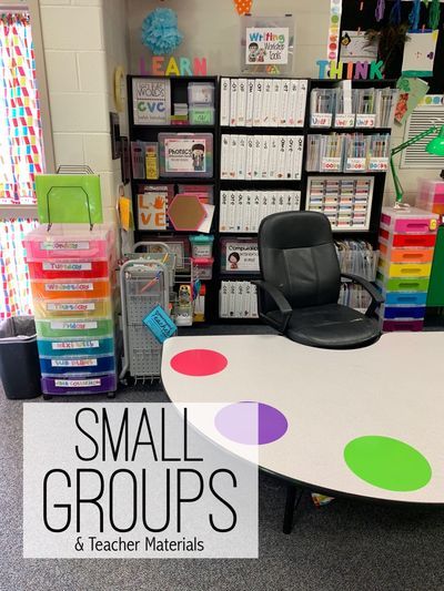 Preschool Teacher Area In Classroom, 2nd Grade Classroom Decorations, Classroom Setup Kindergarten Layout, Guided Reading Table Set Up, Teacher Area And Small Group Table, Small Teacher Desk Area Classroom Setup, Elementary Small Groups, Small Classroom Organization Elementary, Classroom Library Ideas Kindergarten