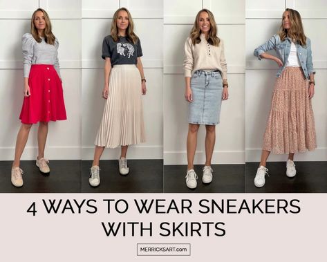 4 Ways to Wear Sneakers With Skirts - Merrick's Art Midi Skirt With White Sneakers, Midi Skirt White Sneakers, Shoes For Skirts Casual, Midi Skirt Outfit Spring 2023, Long Skirts Outfit 2023, White Sneakers With Skirt, White Sneakers Skirt Outfit, Sneakers With Skirt Outfits, Midi Skirt Outfit With Sneakers