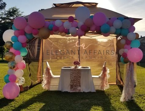 Birthday Gazebo Party Ideas, Balloon Garland On Pop Up Tent, Gender Reveal Tent Decor, Gazebo Birthday Decorations, Balloons On Tent, Gazebo Balloon Decorations, Gazebo Birthday Decorating Ideas, Pop Up Tent Decorations, Pop Up Tent Decorating Ideas