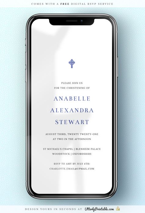 Design this digital Christening Invite online now for just £7.50. Simply head over to UtterlyPrintable.com.  This is a digital christening invitation designed for WhatsApp with a bold, blue cross // Electronic Christening Invitation; Digital baptism invitation for WhatsApp; Christening invite for iPhone and any other Smartphones; Online baptism invite; Affordable and eco-friendly; Personalised designs and templates for smartphone E Vites Wedding Invitations, Canva Wedding Invitation Templates, Digital Invitations Wedding Design, Nikkah Invite, Evite Wedding Invitations, Digital Wedding Invitations Design, Online Invitation Card, Electronic Wedding Invitations, Digital Save The Date