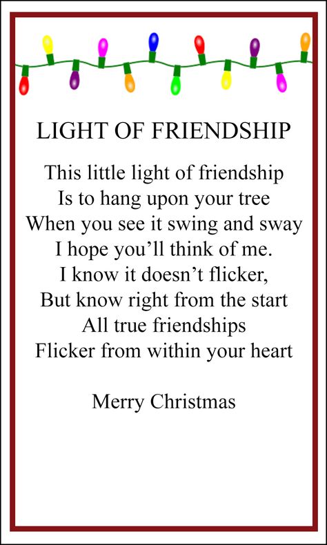 December 23 Christmas Quotes, Light Of Friendship Poem Printable Free, Light Of Friendship Poem Printable, Light Of Friendship Ornament Printable, Light Of Friendship, Christmas Legends, Christmas Concert Ideas, Christmas Card Verses, Card Verses