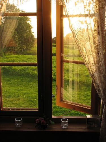 window and lace curtain and the morning sun An Open Window, Sun Shining, Looking Out The Window, Beautiful Windows, Window View, Open Window, Through The Window, Summer Sunset, Country Life