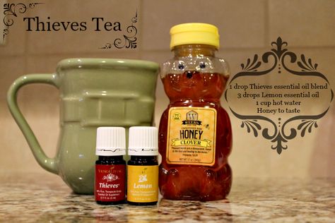 Sore Throat Essential Oils, Thieves Tea, Oil For Cough, Sore Throat Tea, Oils For Sore Throat, Essential Oils For Cough, Oils For Colds, Young Living Oils Recipes, Living Oils Recipes