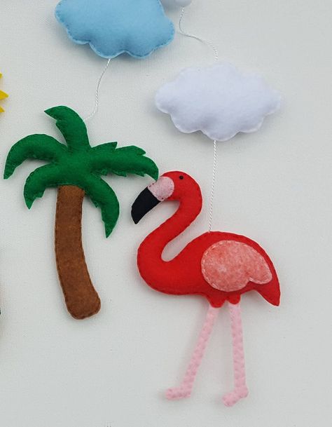 Felt Palm Tree, Flamingo Mobile, Tropical Nursery, Crib Rail, Flamingo Decor, Mobile Baby, Up Music, Blue Clouds, White Clouds