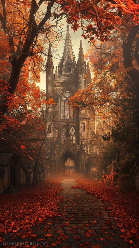 Gothic Castle Aesthetic, Autumn Lockscreen, Background Christian, Cobblestone Path, Fall Scenery, Orange Autumn, Gothic Cathedral, Hogwarts Aesthetic, Glowing Art