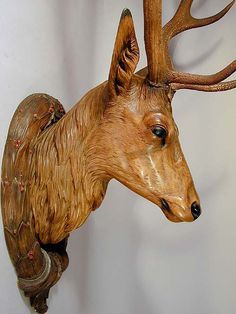 impressive carved wood deer head ca. 1890 Pedestal Deer Mount, Wood Deer Head, Wood Deer, Wooden Deer, Deer Mounts, Fantasy Furniture, Chainsaw Carving, Deer Art, Lodge Decor