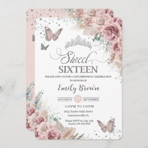 $2.14 | Sweet 16 Boho Blush Dusty Rose Floral Pampas Grass - sweet 16 sixteen 16th birthday, rustic boho pampas grass, beige flowers greenery, blush dusty rose floral roses, elegant sweet girly butterflies, sweet 16 birthday party invites, 16th birthday editable template, budget economical printed invitation, silver glitter typography cards, bohemian chic princess crown tiara Sweet 16 Invitation Ideas, Pampas Grass Invitation, Butterfly Sweet 16, Sweet Sixteen Party Themes, Pink Sweet 16, Quince Decorations, 16th Birthday Invitations, Sweet Sixteen Invitations, Sweet Sixteen Parties