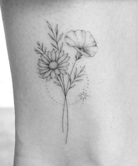 Honeysuckle And Daisy Tattoo, Aster Tattoo, Honeysuckle Tattoo, Shell Tattoos, Chic Tattoo, Ribbon Tattoos, Daisy Tattoo, Memorial Tattoos, Tattoo Inspo