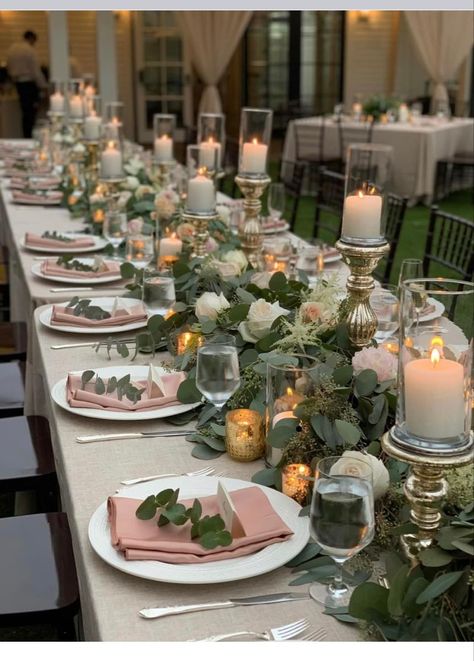 Wedding Greenery With Pops Of Color, Table Decor For Sweet 16 Party, Greenery Wedding With Pop Of Color, Wedding With Greenery Color Schemes, Wedding Table Color Schemes, Green And Pink Wedding Centerpieces, Rectangular Tables For Wedding Reception, Wedding Ideas Green And Pink, Wedding Rectangular Table Decorations