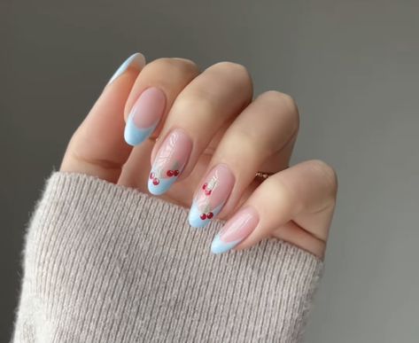 Sky Blue French Tip Nails, Sky Blue French Tip, Light Blue French Tip Nails, Light Blue French Tip, Blue French Nails, Blue French Tip Nails, Blue French Tip, Cherry Nail Art, Cherry Nail