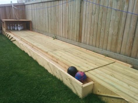 Backyard Bowling Alley, Diy Bowling Alley, Backyard Bowling, Outdoor Bowling, Diy Bowling, Outdoor Shooting Range, Bowling Lane, Diy Playground, Bowling Alley