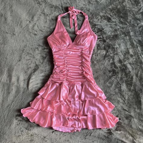 Cybery2k pink ruffle halter dress. Shiny satin... - Depop Party Dress 2000s, Y2k Dress Aesthetic, Y2k Pink Dress, Mcbling Dress, Y2k Party Dress, 2000s Dresses, Pink Halter Dress, Grunge Mcbling, 2000s Dress