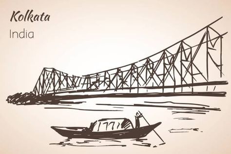 Kolkata City Drawing, Sketch Indian, Kolkata Art, Howrah Bridge, Indian City, Bengali Art, Indian Art Gallery, Pen Art Drawings, City Drawing