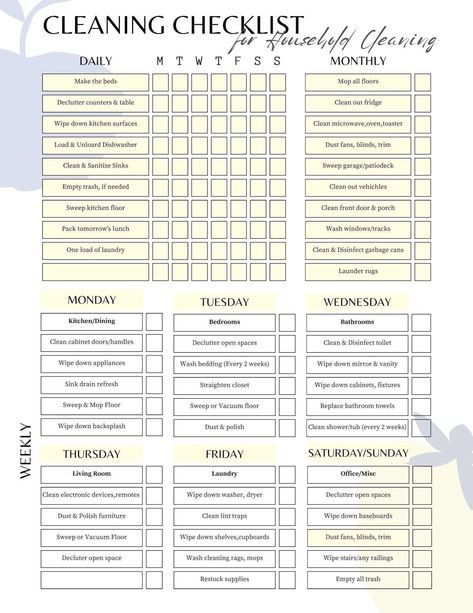 Get your home clean and organized with this easy-to-use cleaning checklist and schedule template! This printable planner includes everything you need to keep your home clean and tidy, from daily tasks to weekly deep cleans. It's perfect for people with ADHD or anyone who struggles to stay on top of their cleaning.

Download your copy today and start your journey to a clean and organized Printable Daily Cleaning Schedule, House Cleaning Template, Adult Cleaning Schedule, Cleaning List Template, Cleaning Template Printable, Weekly Cleaning Schedule Printable Editable Free, Printable Cleaning Schedule Free, House Cleaning Schedule Printable Free, Spring Cleaning Checklist Printable Free