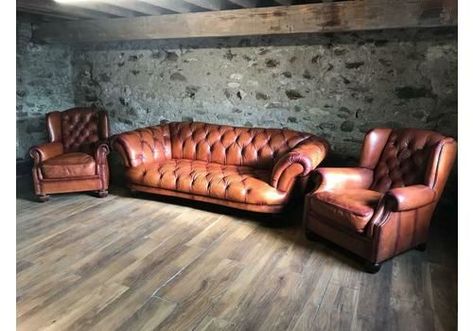 Tetrad Oskar Tan Leather Chesterfield Suite Sofa 2 Chairs And Footstool Bourbon Room, Vintage Sofas, Couches For Sale, Leather Chesterfield, Rooms Ideas, Kingdom Of Great Britain, Barker And Stonehouse, Courtyard House, Chesterfield Chair