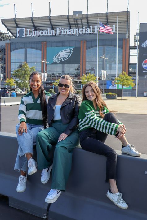 IG, TikTok, & Lemon8: @stile_perlei fashion, trends, style, game day inspo, tailgate, eagles, outfit ideas, detailed, classic, chic, comfy, cute Eagles Game Day Outfit, Eagles Outfit, Eagles Game Day, Eagles Game, Tailgate Outfit, Game Day Outfit, Maxi Dress Sale, Wide Stripes, Gameday Outfit