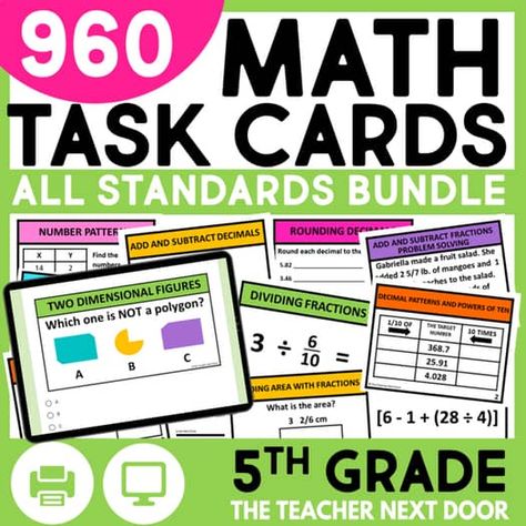 5th Grade Math Task Cards Bundle for Math Centers, Intervention, Review Games Math Small Groups, Add And Subtract Fractions, Powers Of Ten, Math Tasks, Fractions Decimals, Math Task Cards, Task Boxes, 5th Grade Math, Adding And Subtracting