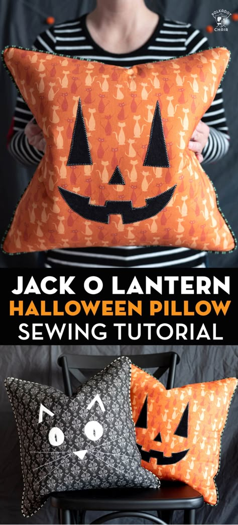 Sewing Pillows Decorative Free Pattern, Easy Halloween Sewing Crafts, Halloween Fabric Crafts Easy Diy, Jack O Lantern Pillow, Things To Sew For Fall, Coffin Pillow Pattern, Sewing For Fall, Easy Pillows To Sew, Halloween Pillows Ideas