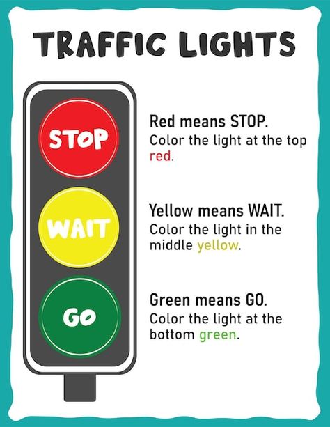 Traffic light green yellow red lights | Premium Vector #Freepik #vector #traffic-sign #traffic-lights #traffic-lights-vector #red-yellow-green Yellow Color Meaning, Traffic Signs And Meanings, Traffic Light Pictures, Nursery 2024, Traffic Light Sign, All Traffic Signs, Light Meaning, Street Safety, Road Traffic Signs