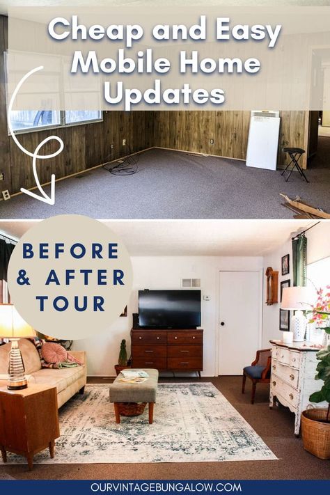 mobile home living room before and after renovation pictures - text reads cheap and easy mobile home updates before and after tour Cheap Remodeling Ideas Mobile Homes, Manufactured Home Paint Ideas, Remodeling Single Wide Trailer Ideas, Fixing Up A Single Wide Trailer, Renovate Modular Home, Manufactured Home Hacks, Trailer Add Ons Mobile Homes, Decorating Manufactured Homes, Remodeling A Mobile Home On A Budget