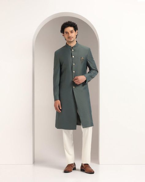 Festive Green Semi-stitched Sherwani, Embroidered Semi-stitched Pista Green Sherwani, Green Semi-stitched Long Sleeve Sherwani, Dark Green, Green