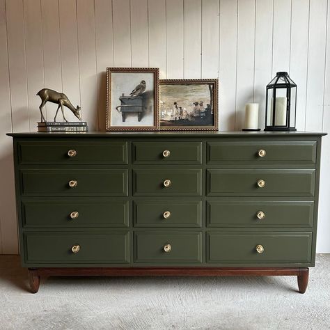 (6) Facebook Update Old Dresser Mid Century, Mid Century Welsh Dresser, Dark Green Dresser Bedroom, Flipped Dressers, Green Dresser Bedroom, Repainted Dresser Ideas, Dresser Painting Ideas Creative, Eggplant Bedroom, Redone Dressers